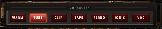 The character selector showing Warm, Tube, Clip, Tape, Ferro, Ionic and VO2.