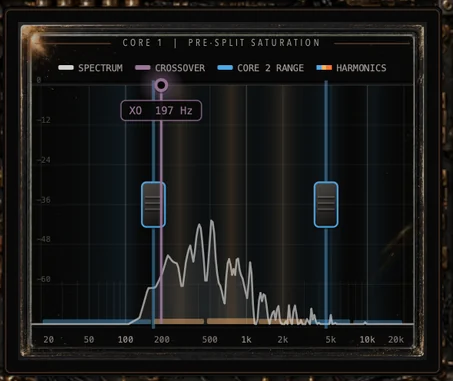 The spectrum display showing the crossover set to 197 Hz, with the Core 1 and Core 2 frequency ranges marked either side of it.