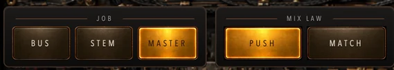 Job mode buttons for Bus, Stem and Master, and mix law buttons for Push and Match.