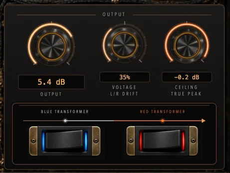 The output panel with output gain, voltage L/R drift, true-peak ceiling and the Blue and Red transformer switches.