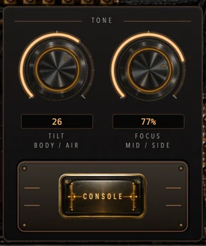 The tone panel with Tilt for body against air, Focus for mid against side, and the Console switch.