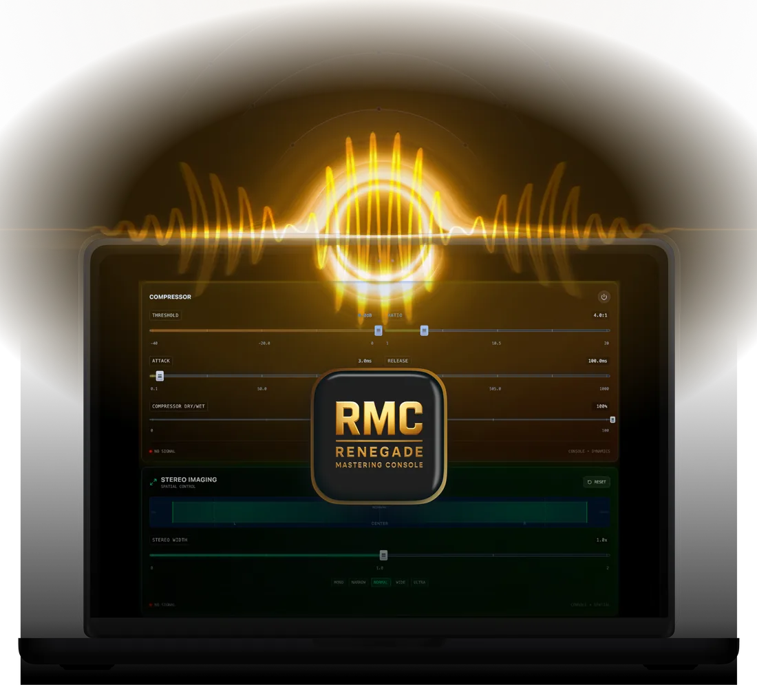 The Renegade Mastering Console running in a browser, showing its compressor and stereo imaging modules.