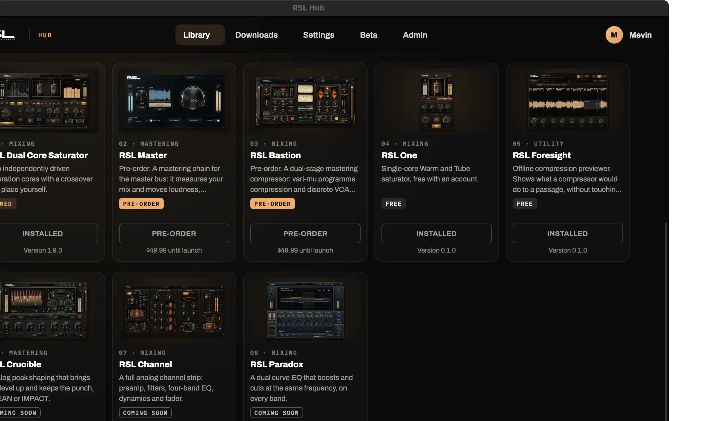 The RSL Hub library: every Renegade Sound Labs plugin as a card, showing which are owned, installed or free
