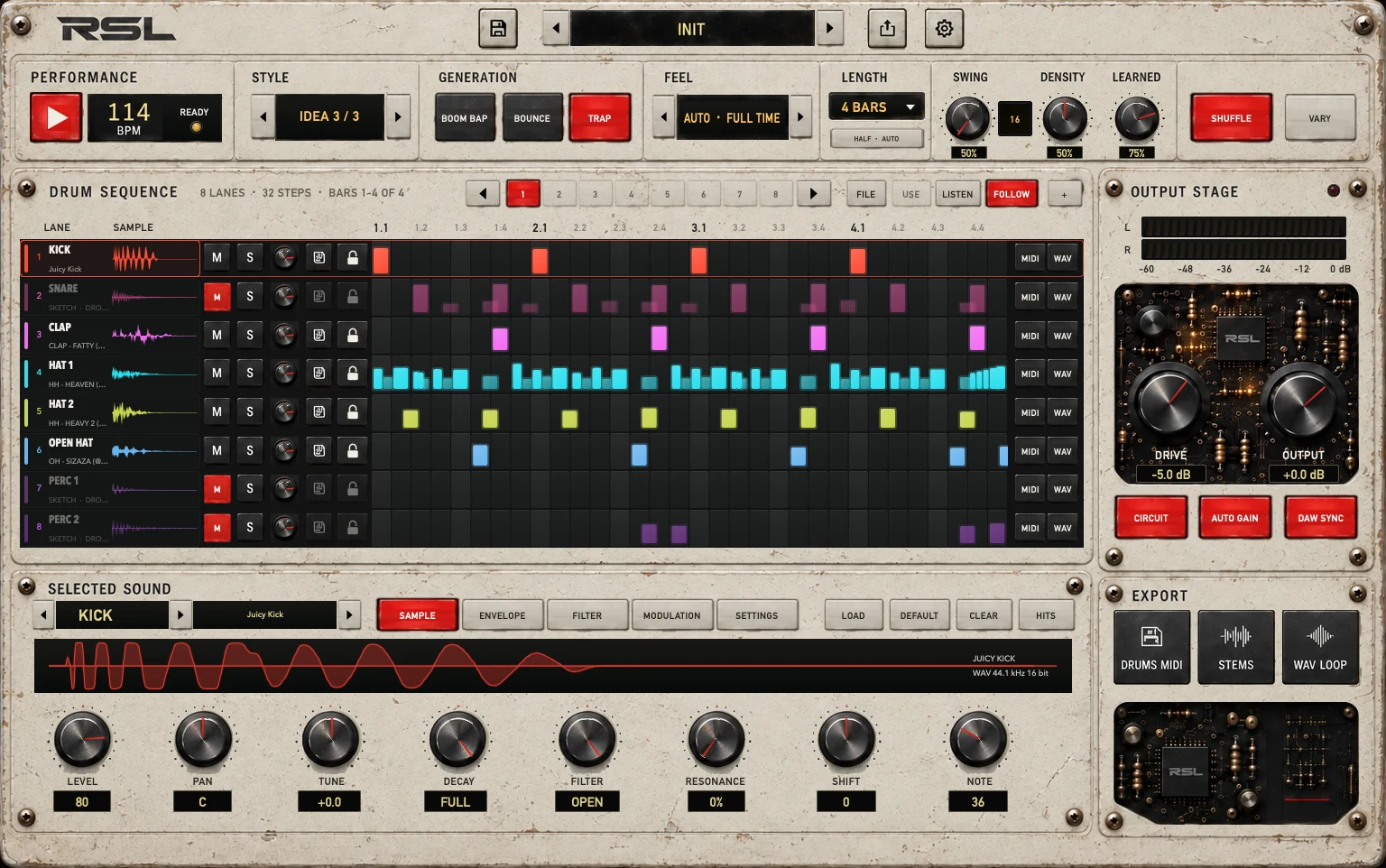 RSL Carmine interface: pattern controls, an eight-lane drum sequence, the selected sound and the output stage