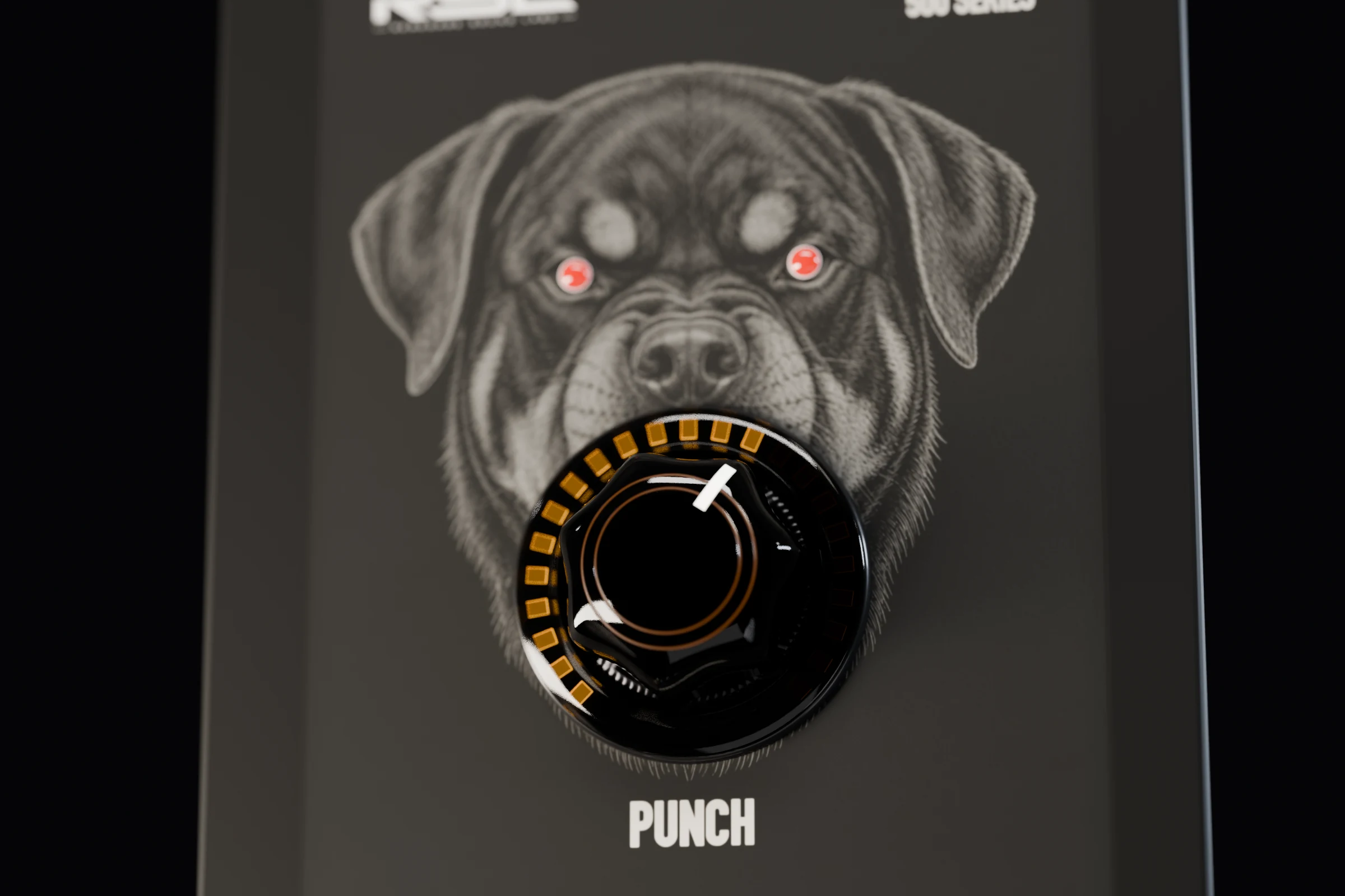 The Rottweiler engraved on the RSL DawgBox plate, its eyes lit red