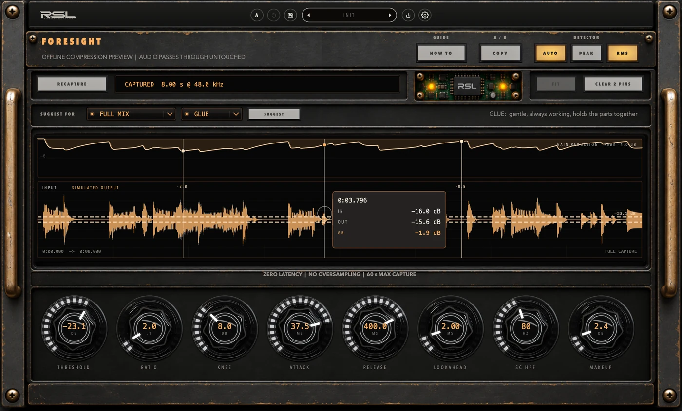 RSL Foresight plugin interface showing a captured mix, gain reduction and the control knobs
