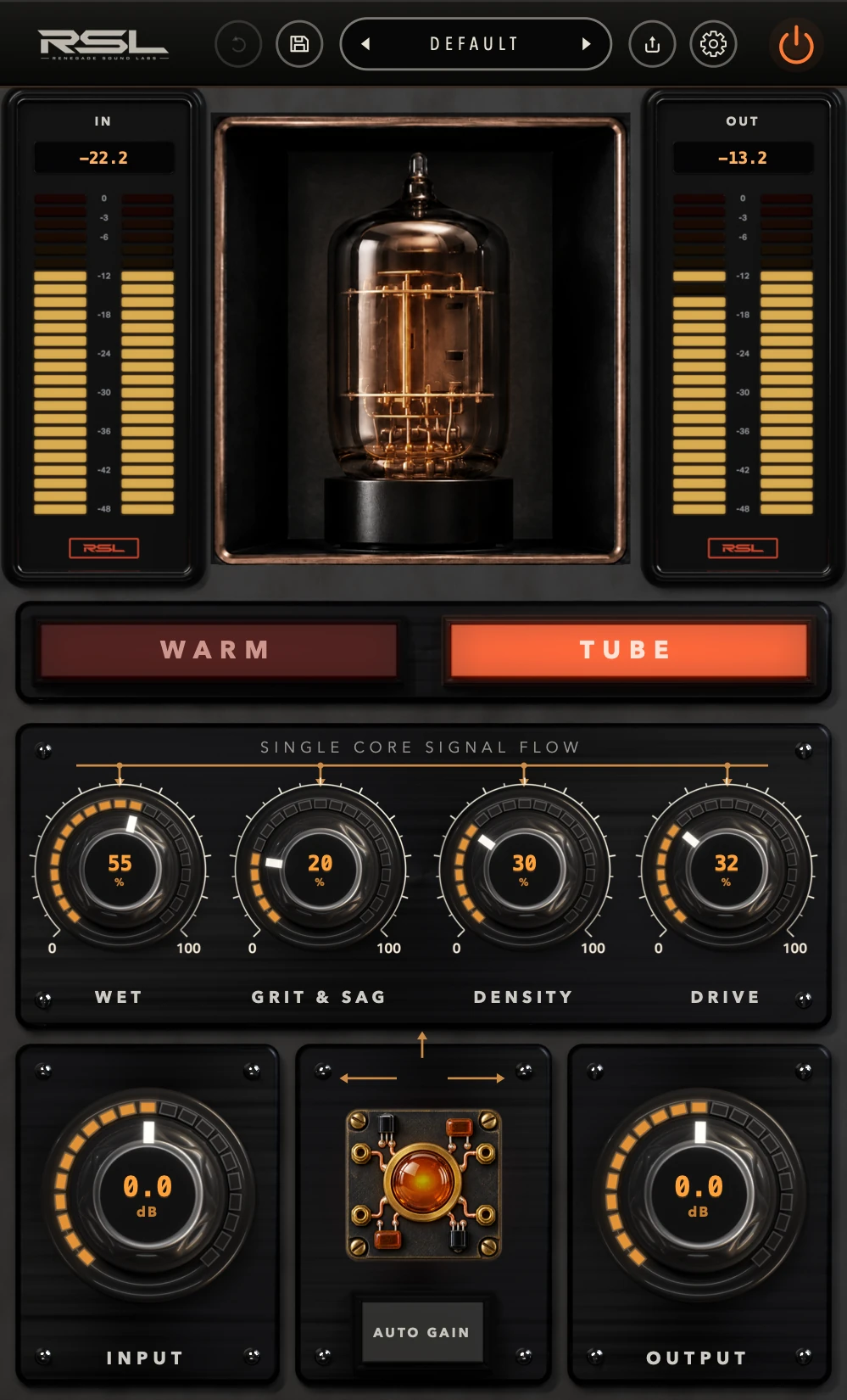The RSL One plugin: IN and OUT meters either side of a glowing valve, the WARM and TUBE switch, four knobs and INPUT, AUTO GAIN and OUTPUT