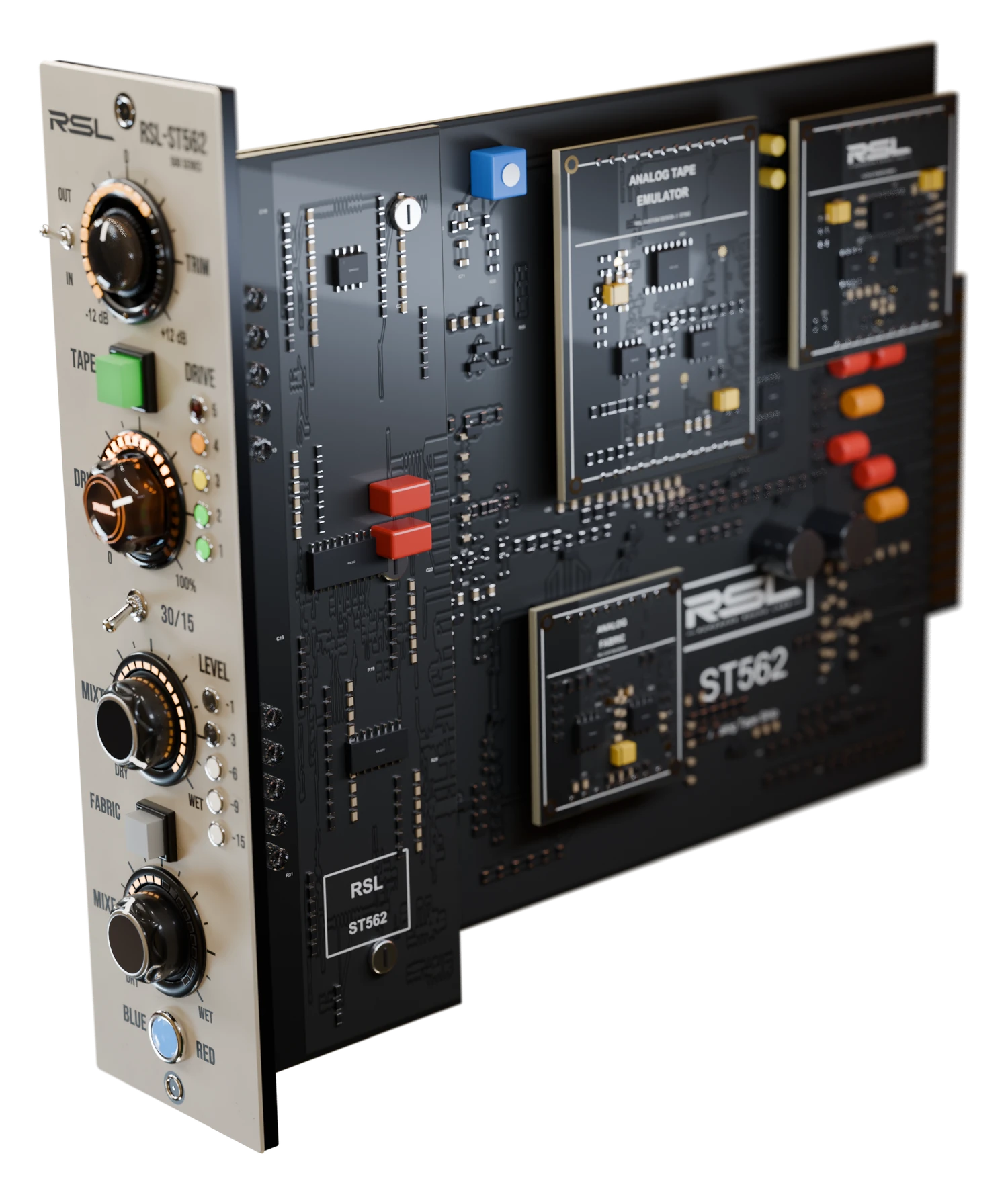 An imagined RSL-ST562 500-series card floating: the faceplate with its lamps lit and the black circuit board behind it